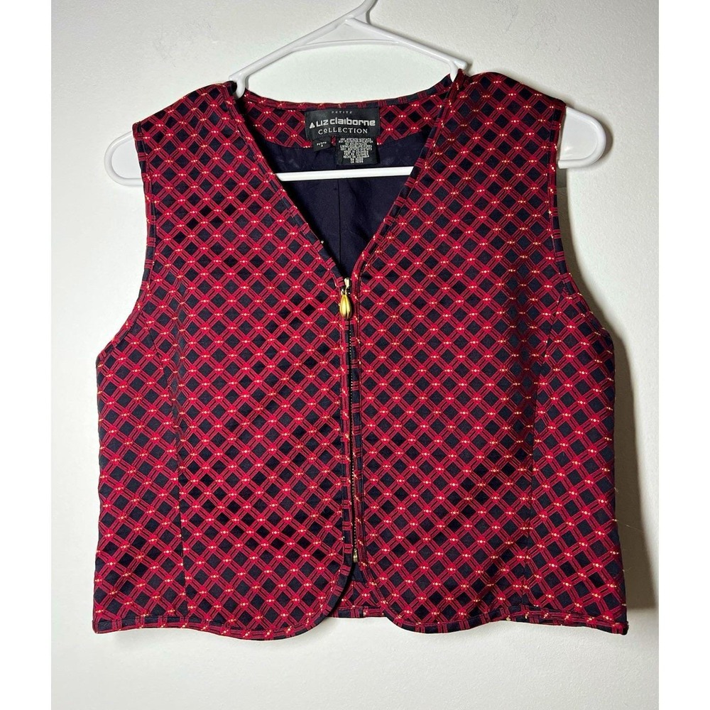 VTG Liz Claiborne Petite Red/Navy Geometric Full Zip Lined Vest Top Sz 4P